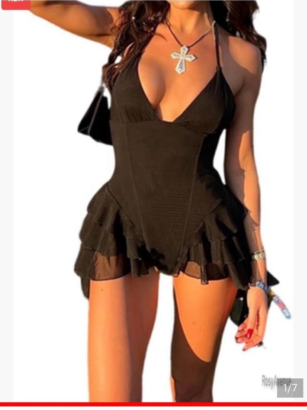 Black Halter Ruffle Skirted One-Piece play suit  -